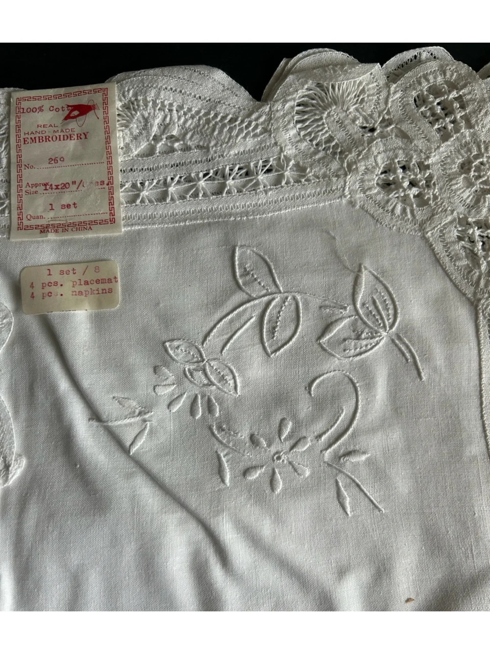 White Embroidered Lace-Trim Placemat and Napkin Set of 4 each